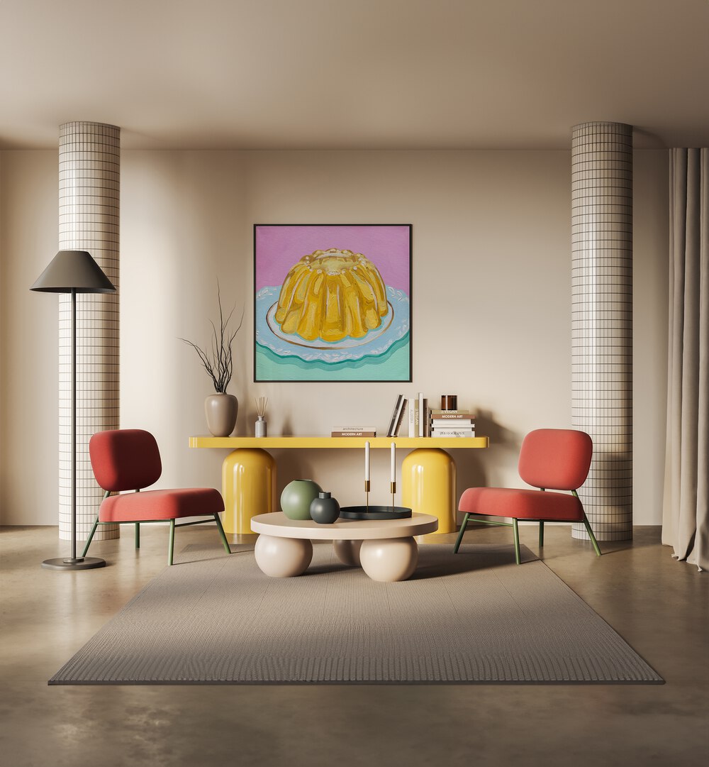 Lemon Jello By Key And Sea Creative Bar and Cafe Artwork in Black Plain Frame on a beige wall for living room