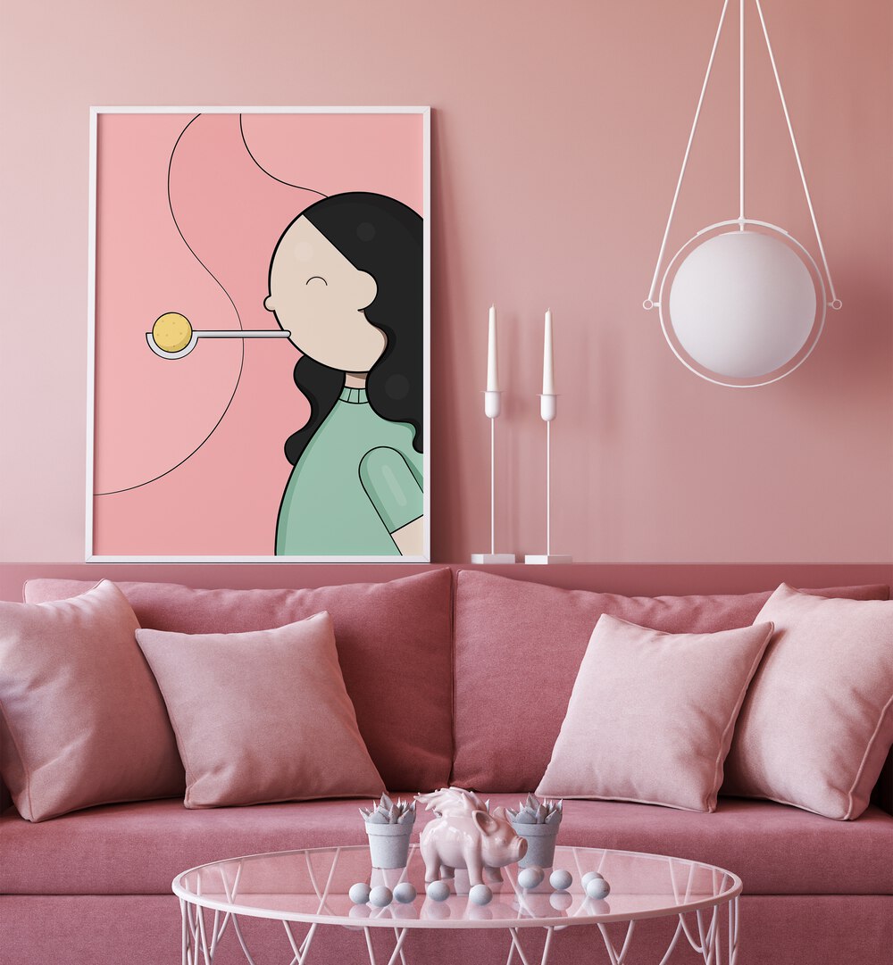 Lemon Race By Samridhi Sharma Gaming Posters in White Plain Frame placed on a Pink Colored Wall in the Living Room