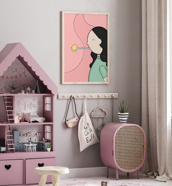 Lemon Race By Samridhi Sharma Gaming Posters in Oak Wood Plain Frame placed on a Beige Colored Wall in the Kids Room