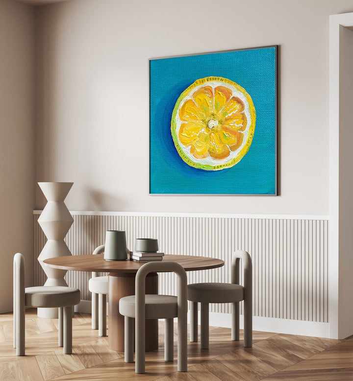 Lemon Slice By Key And Sea Creative Art Print in Black Plain Frame behind  a dining table