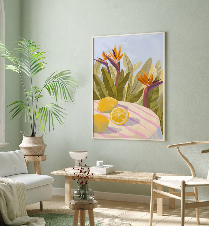 Lemon Twist By Goed Blauw Kitchen Art Prints in Oak Wood Plain Frame placed on a Light Green Colored Wall  in the Living Room