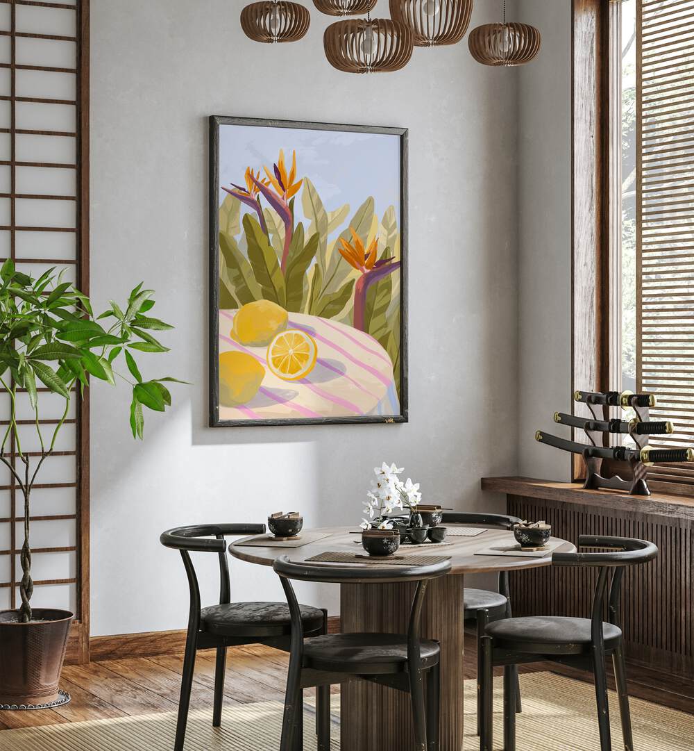 Lemon Twist By Goed Blauw Kitchen Art Prints in Dark Wood Plain Frame placed on a White Colored Wall near a Coffee Table in the Dining Room