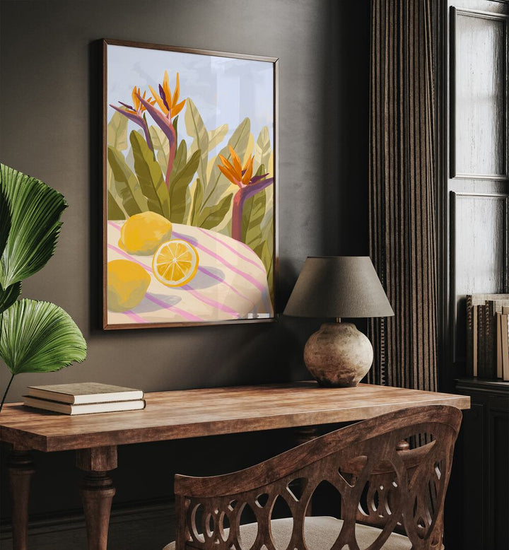 Lemon Twist By Goed Blauw Kitchen Art Prints in Dark Wood Plain Frame placed on a Brown Colored Wall above a Study Table in the Work Space in the Drawing Room