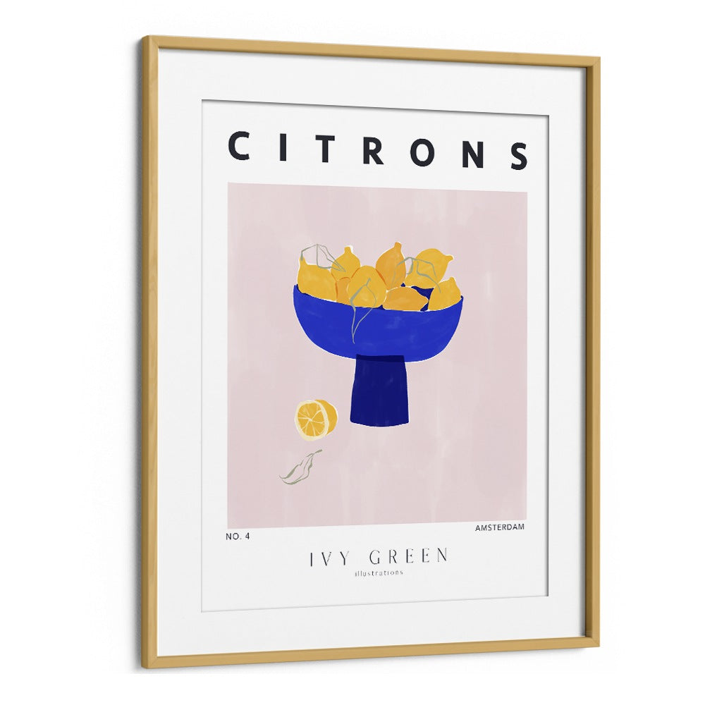 Lemons By Ivy Green Kitchen Art Prints in Oak Wood Frame With Mount