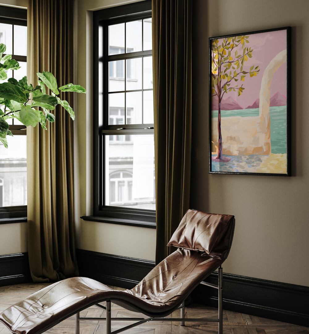 Lemontree By Goed Blauw Wall Art Prints in Black Plain Frame placed on a Beige Colored Wall in the Drawing Room