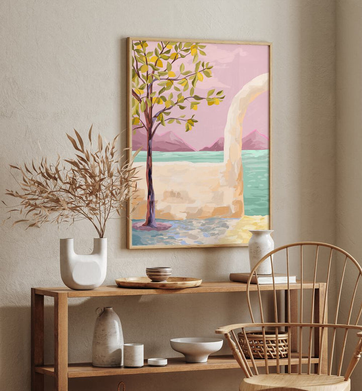 Lemontree By Goed Blauw Wall Art Prints in Oak Wood Plain Frame placed on a Cream Colored Wall above a Table in the Drawing Room