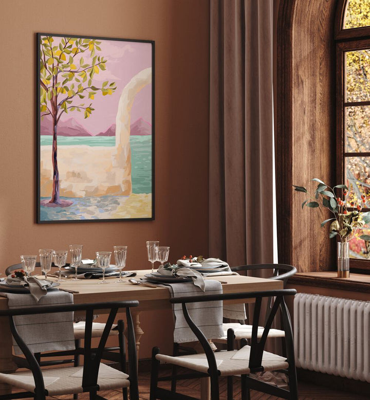 Lemontree By Goed Blauw Wall Art Prints in Black Plain Frame placed on a Brown Colored Wall near a Dining Table in the Dining Room