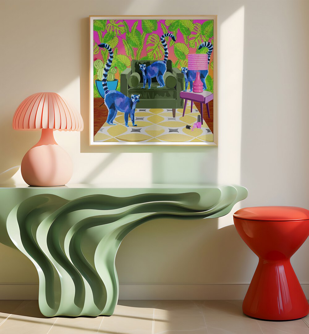 Lemurs in the House By Lynnda Rakos Pop Art Paintings Pop Art Prints in Oak Wood Plain Frame placed on a wall behind a table