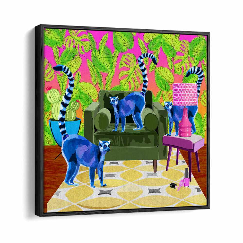 Lemurs in the House By Lynnda Rakos Pop Art Paintings Pop Art Prints in Black Floater Frame