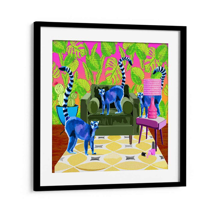 Lemurs in the House By Lynnda Rakos Pop Art Paintings Pop Art Prints in Black Frame With Mount