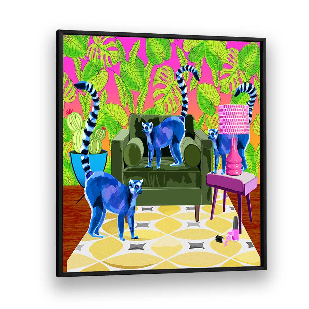 Lemurs in the House By Lynnda Rakos Pop Art Paintings Pop Art Prints in Black Plain Frame