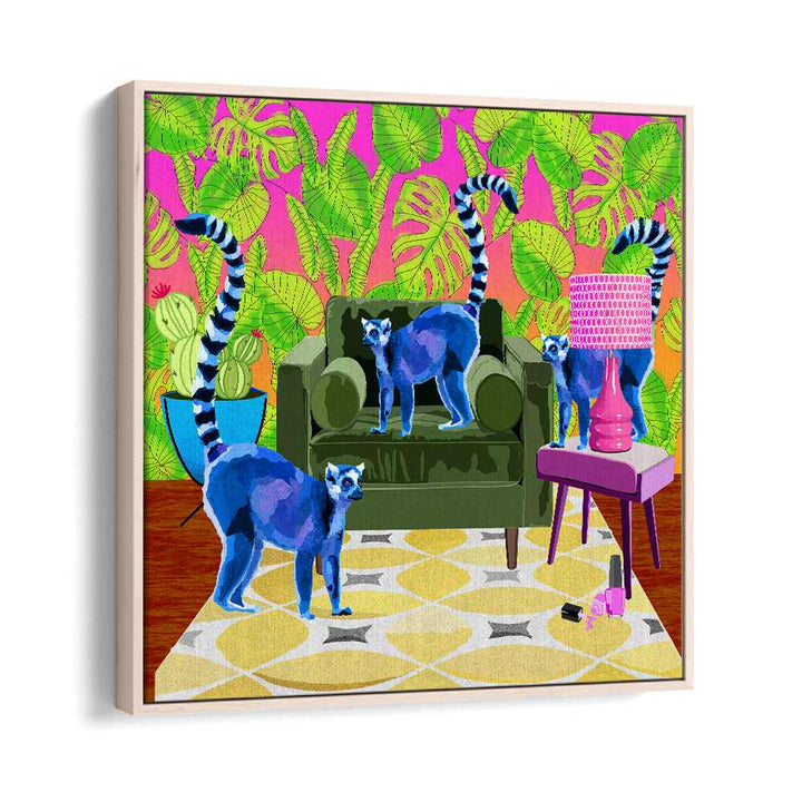 Lemurs in the House By Lynnda Rakos Pop Art Paintings Pop Art Prints in Oak Wood Floater Frame