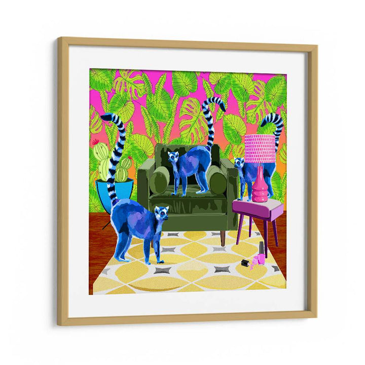 Lemurs in the House By Lynnda Rakos Pop Art Paintings Pop Art Prints in Oak Wood Frame With Mount