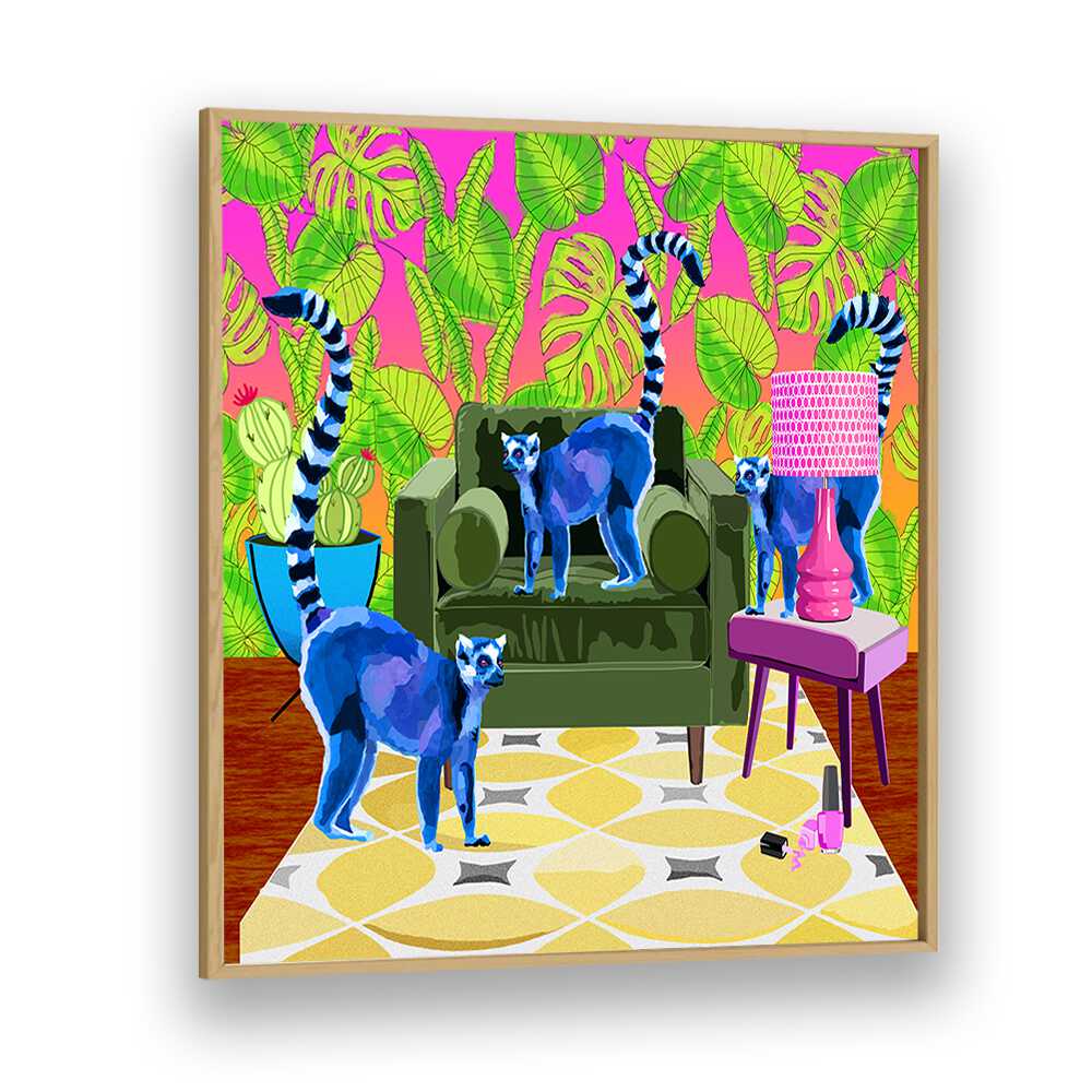 Lemurs in the House By Lynnda Rakos Pop Art Paintings Pop Art Prints in Oak Wood Plain Frame