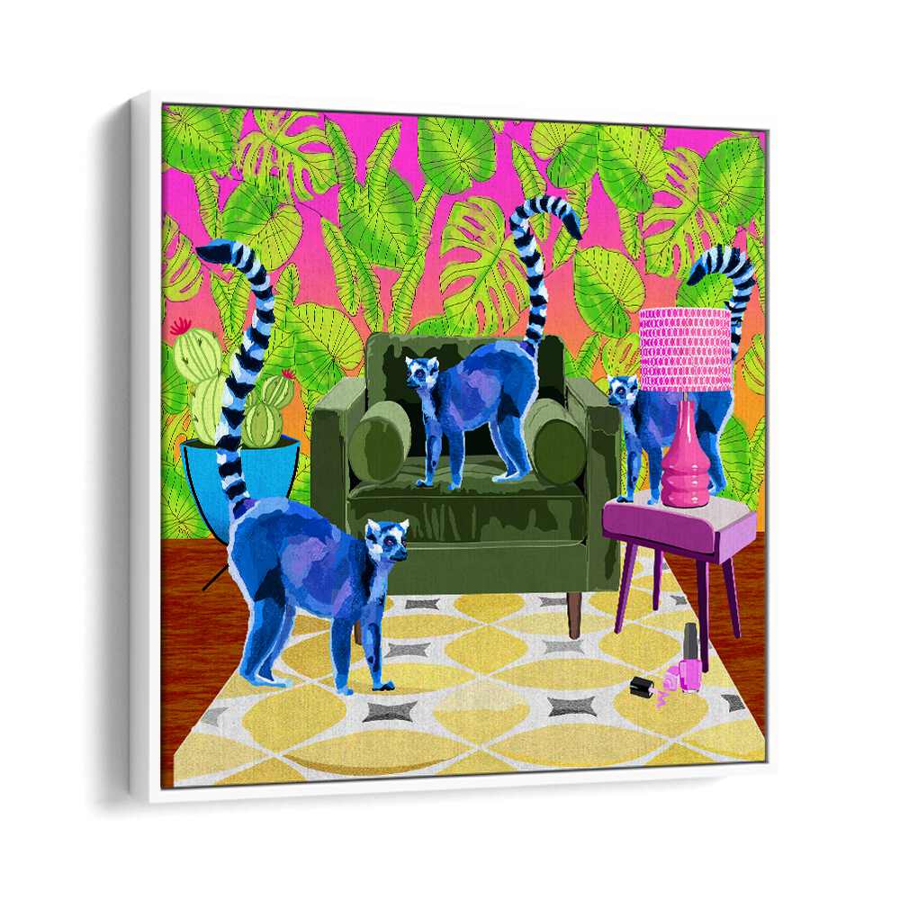 Lemurs in the House By Lynnda Rakos Pop Art Paintings Pop Art Prints in White Floater Frame