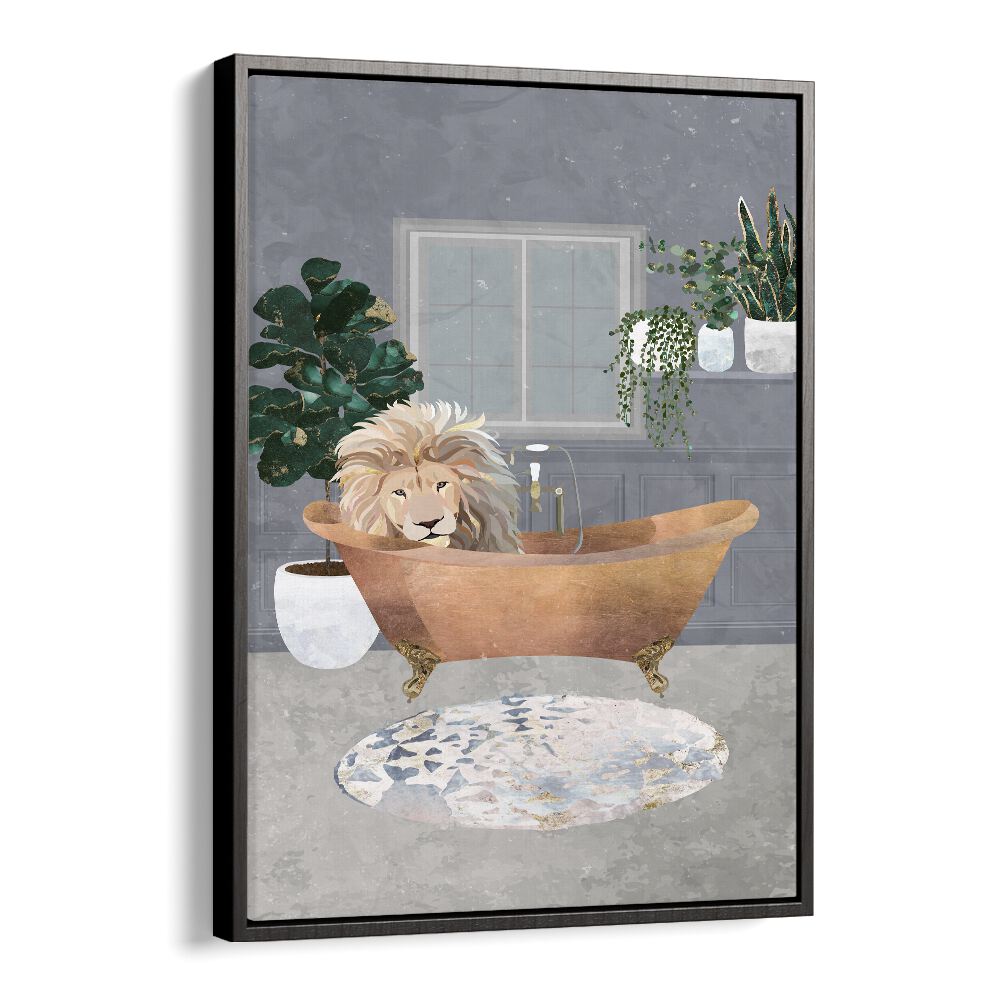 Leo Lion In Copper Bath  Kids Room Art in Black Floater Frame