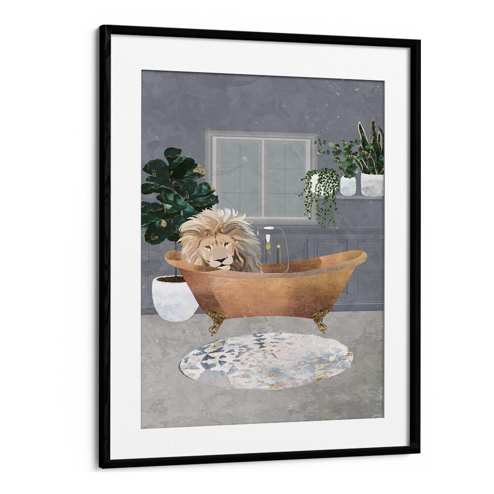 Leo Lion In Copper Bath  Kids Room Art in Black Frame With Mount