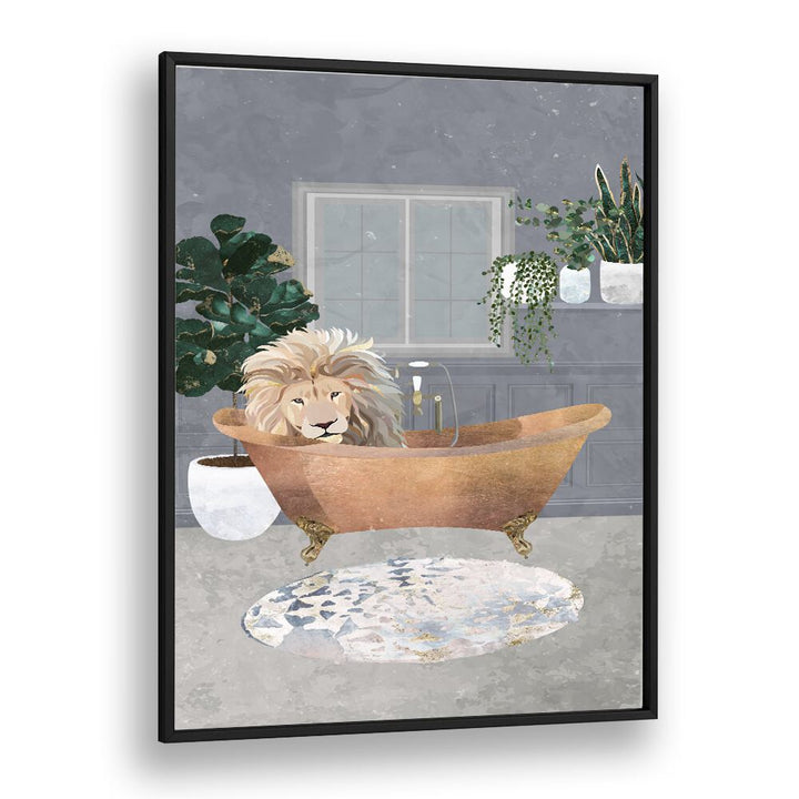 Leo Lion In Copper Bath  Kids Room Art in Black Plain Frame