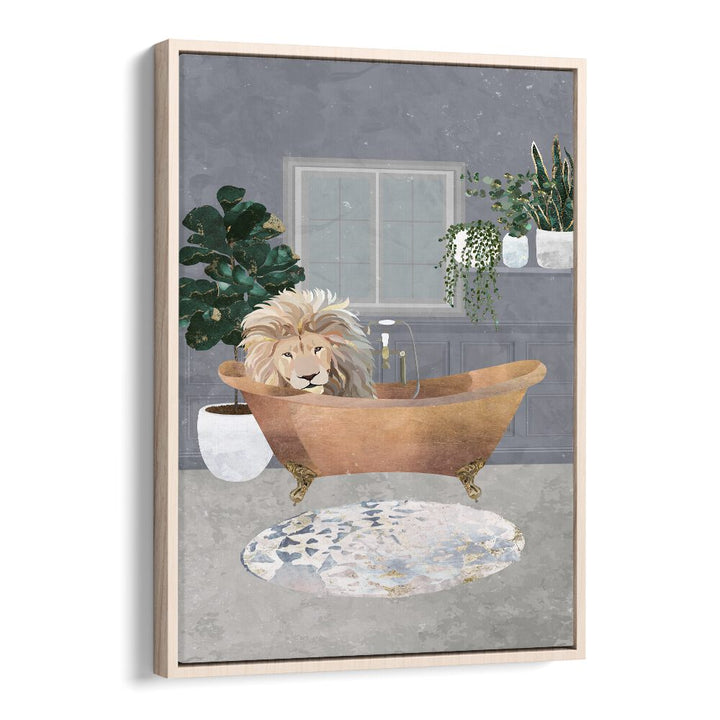 Leo Lion In Copper Bath  Kids Room Art in Oak Wood Floater Frame