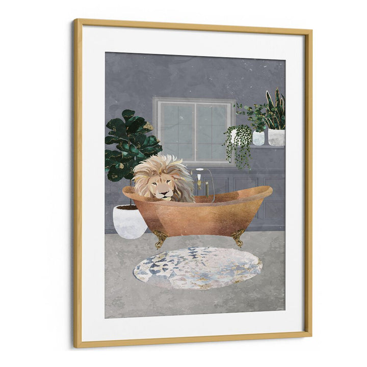 Leo Lion In Copper Bath  Kids Room Art in Oak Wood Frame With Mount