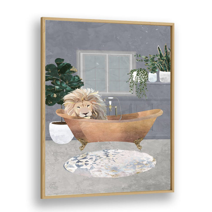 Leo Lion In Copper Bath  Kids Room Art in Oak Wood Plain Frame