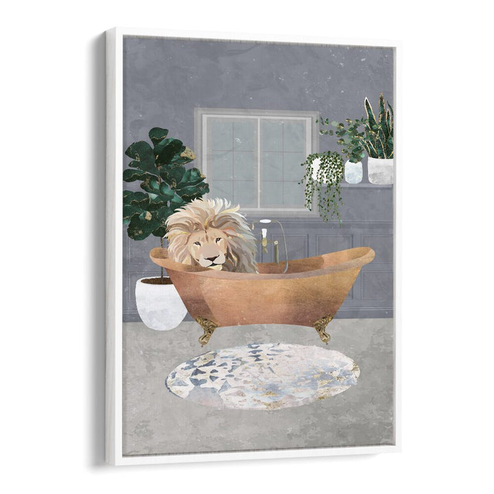 Leo Lion In Copper Bath  Kids Room Art in White Floater Frame