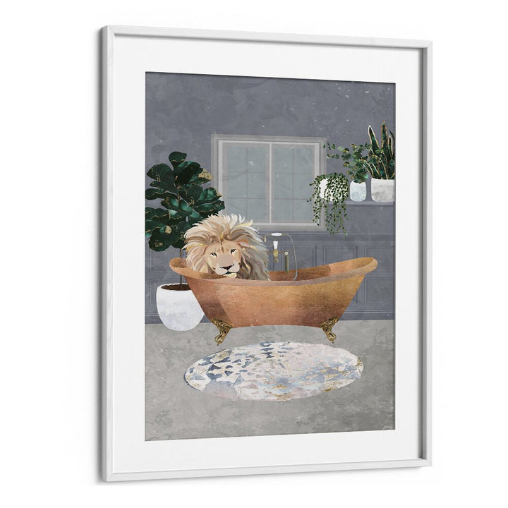 Leo Lion In Copper Bath  Kids Room Art in White Frame With Mount