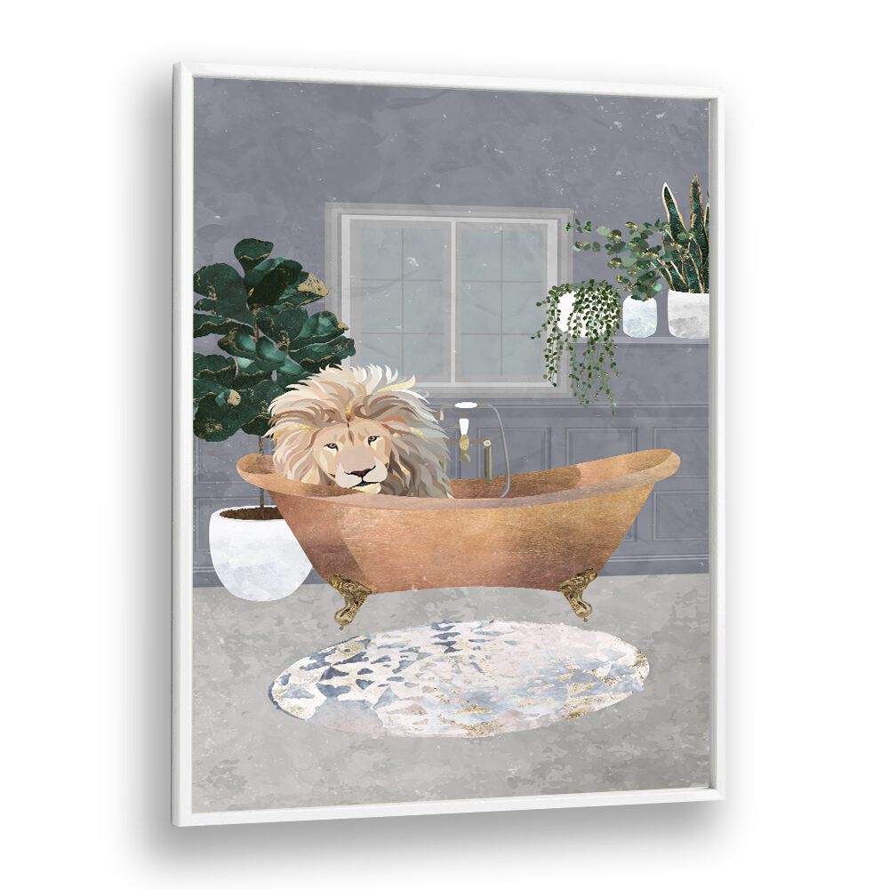 Leo Lion In Copper Bath  Kids Room Art in White Plain Frame