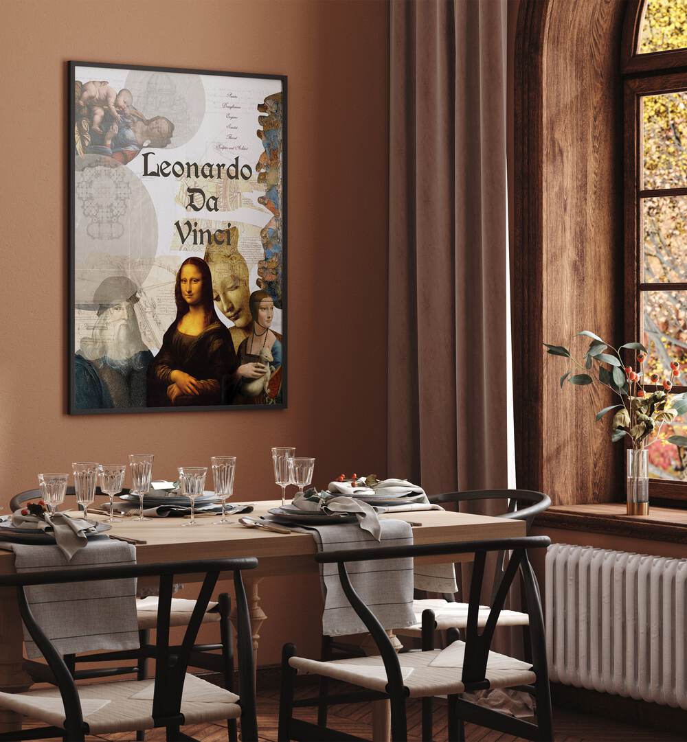 Leonardo Da Vinci By Grishma Korjani Artist Tribute Posters in Black Plain Frame placed on a Brown Colored Wall near a Dining Table in the Dining Room