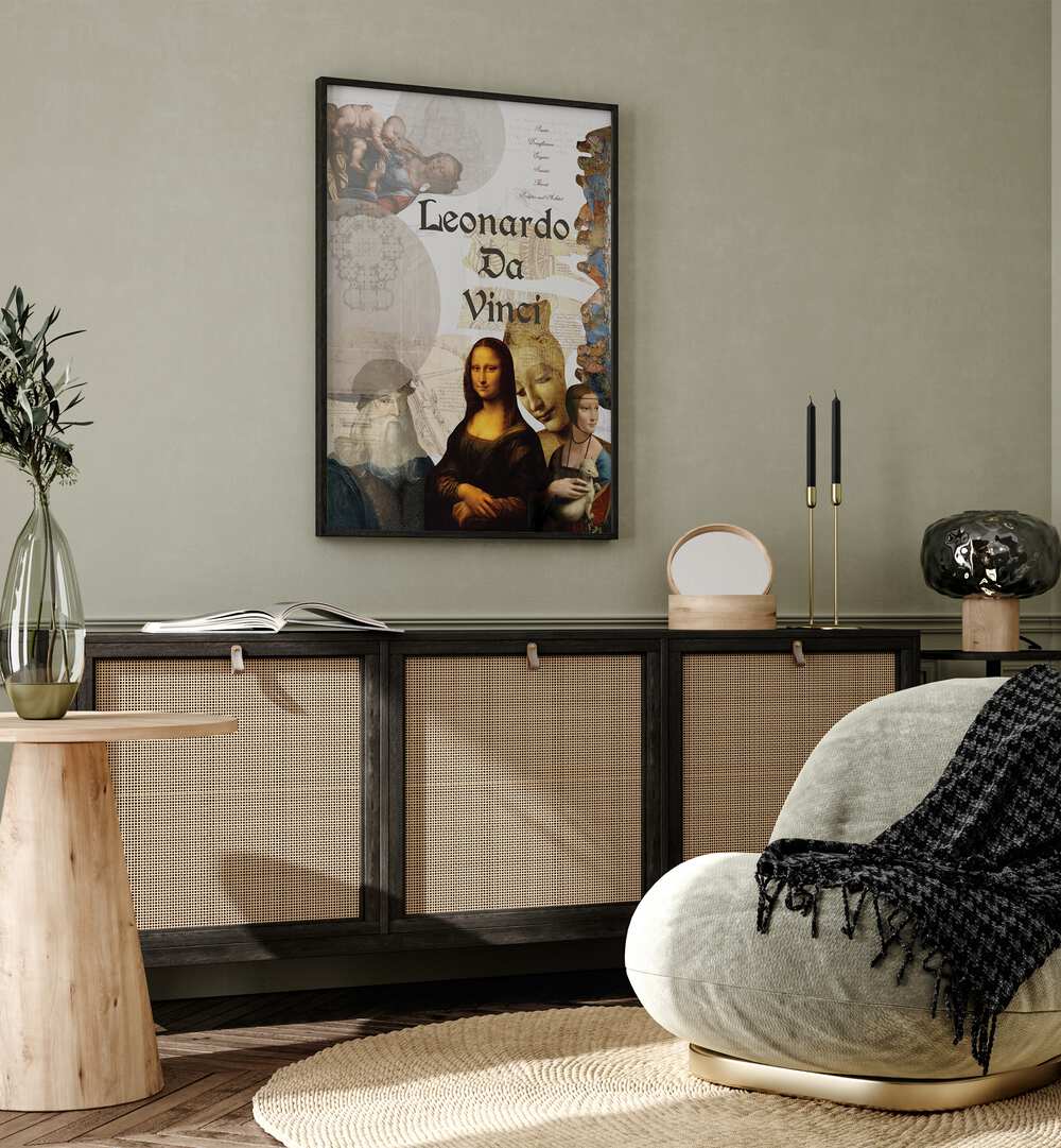 Leonardo Da Vinci By Grishma Korjani Artist Tribute Posters in Black Plain Frame placed on a Beige Colored Wall above a Console Table in the Drawing Room