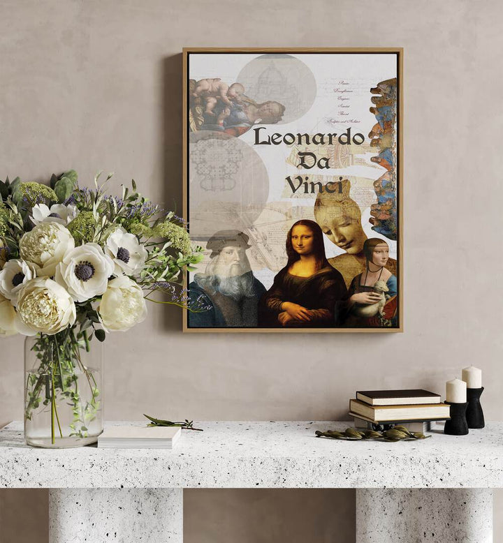 Leonardo Da Vinci By Grishma Korjani Artist Tribute Posters in Oak Wood Floater Frame placed on a Beige Colored Wall