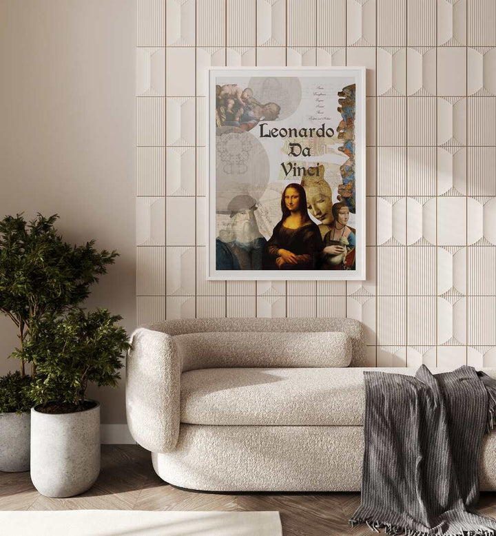 Leonardo Da Vinci By Grishma Korjani Artist Tribute Posters in White Frame With Mount in the Living Room