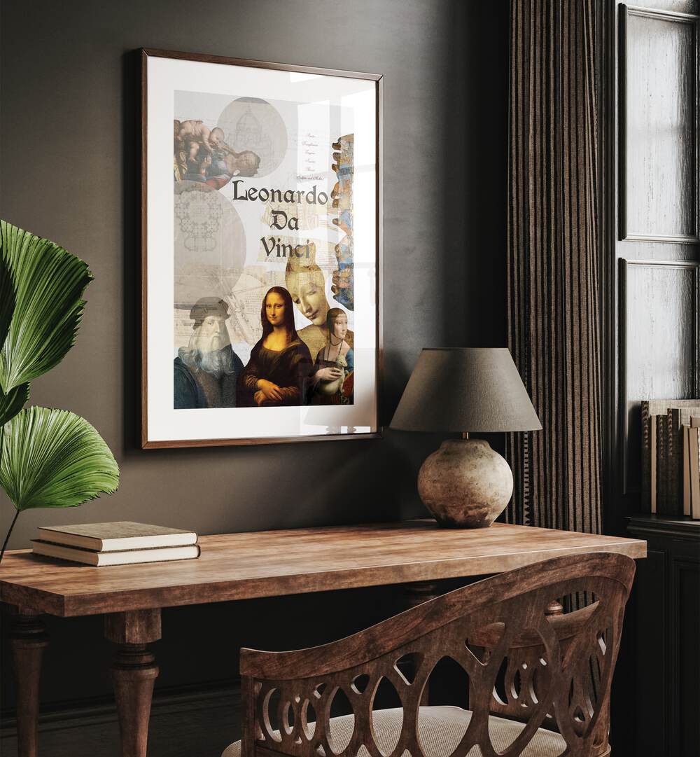 Leonardo Da Vinci By Grishma Korjani Artist Tribute Posters in Dark Wood Frame With Mount placed on a Dark Grey Colored Wall near a Workspace