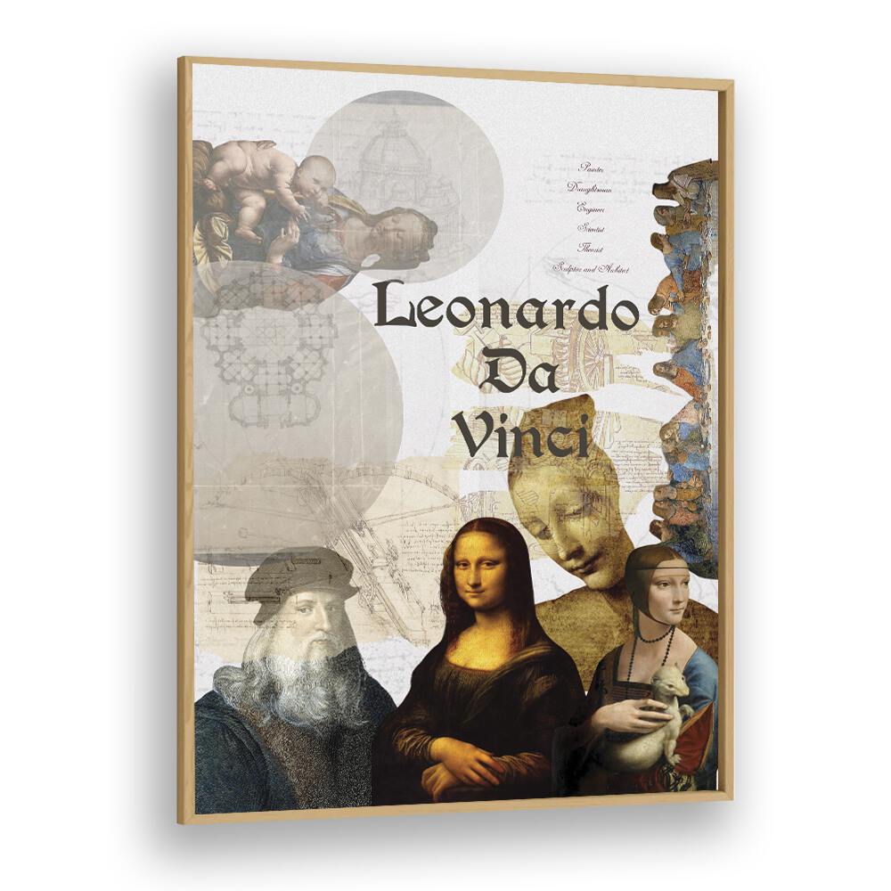 Leonardo Da Vinci By Grishma Korjani Artist Tribute Posters in Oak Wood Plain Frame