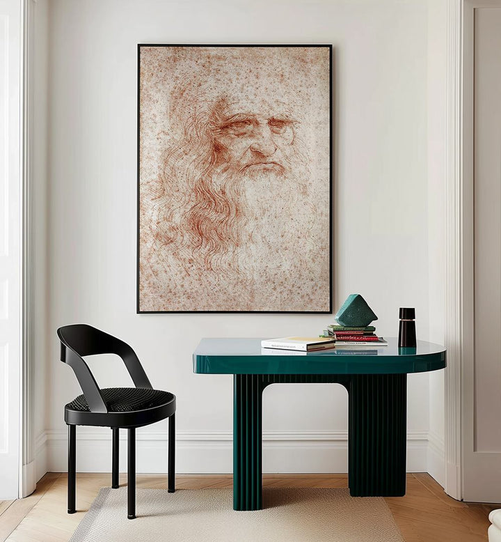 Leonardo Da Vinci Self Portrait 1512 Vintage Paintings in Black Plain Frame placed on a white wall behind a study table