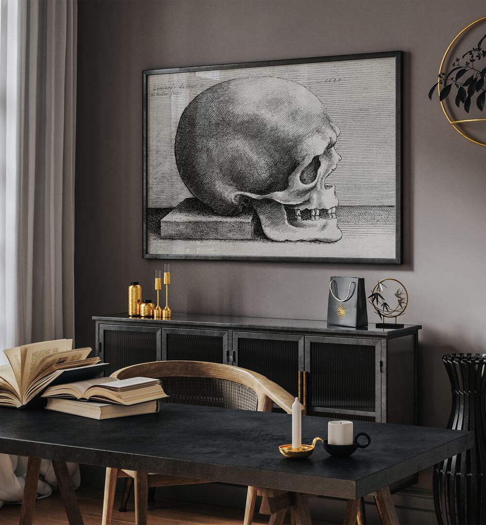 Leonardo Da Vincis Skull In Profile To Right 1645 Vintage Paintings in Black Plain Frame placed on the wall behind a black console table