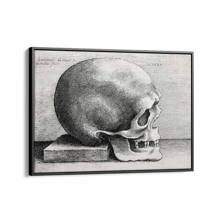 Leonardo Da Vincis Skull In Profile To Right 1645 Vintage Paintings in Black Floater Frame