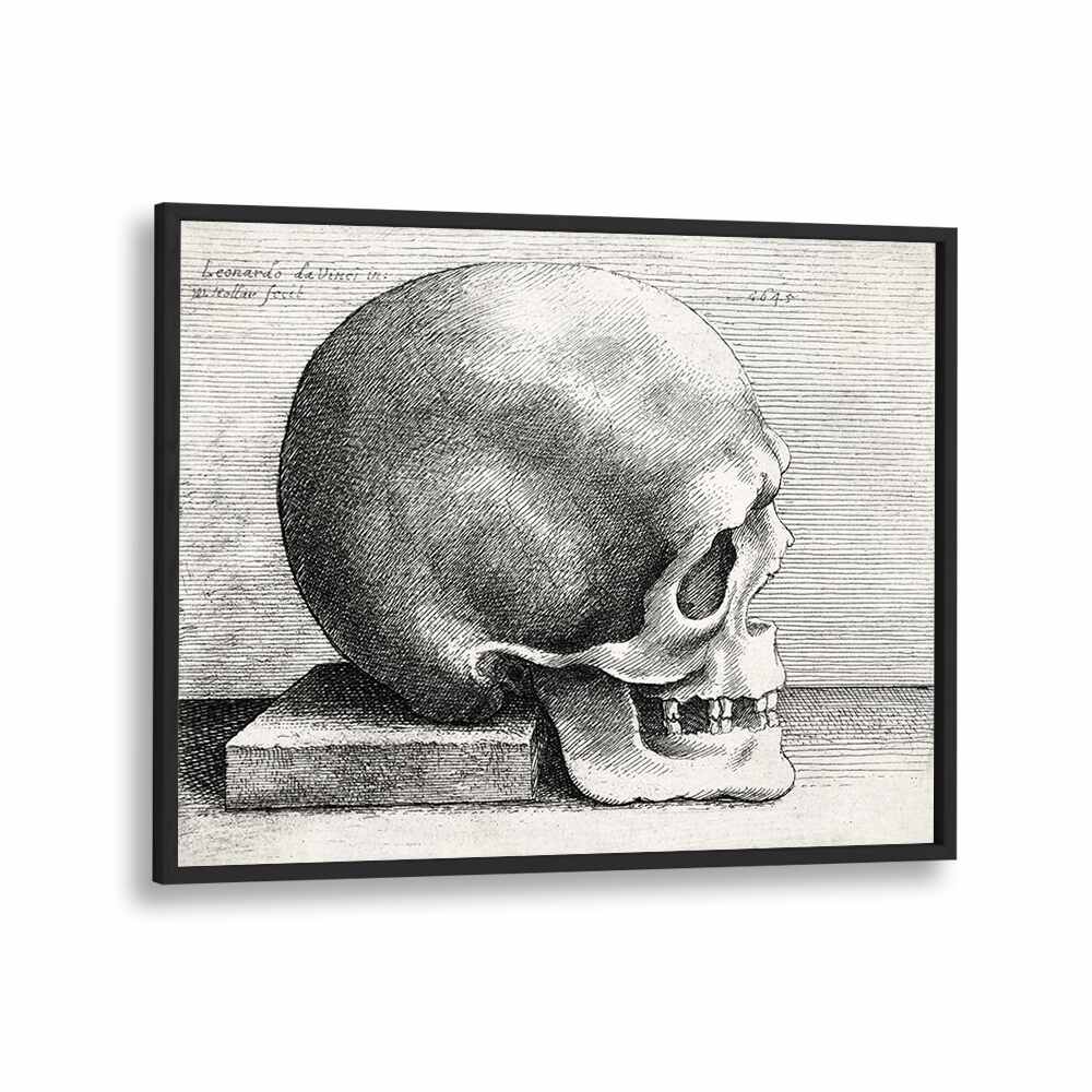 Leonardo Da Vincis Skull In Profile To Right 1645 Vintage Paintings in Black Plain Frame