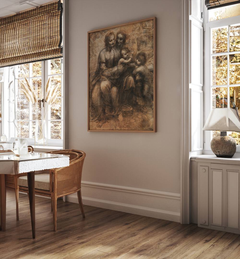 Leonardo Da Vincis The Leonardo Cartoon 1499–1500 Vintage Paintings in Oak Wood Plain Frame placed on a wall  between windows and behind a table
