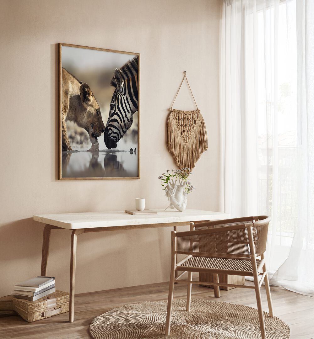 Leopard And Zebra Wildlife Posters in Oak Wood Plain Frame placed on a Beige Colored Wall above a Study  Table in the Drawing Room