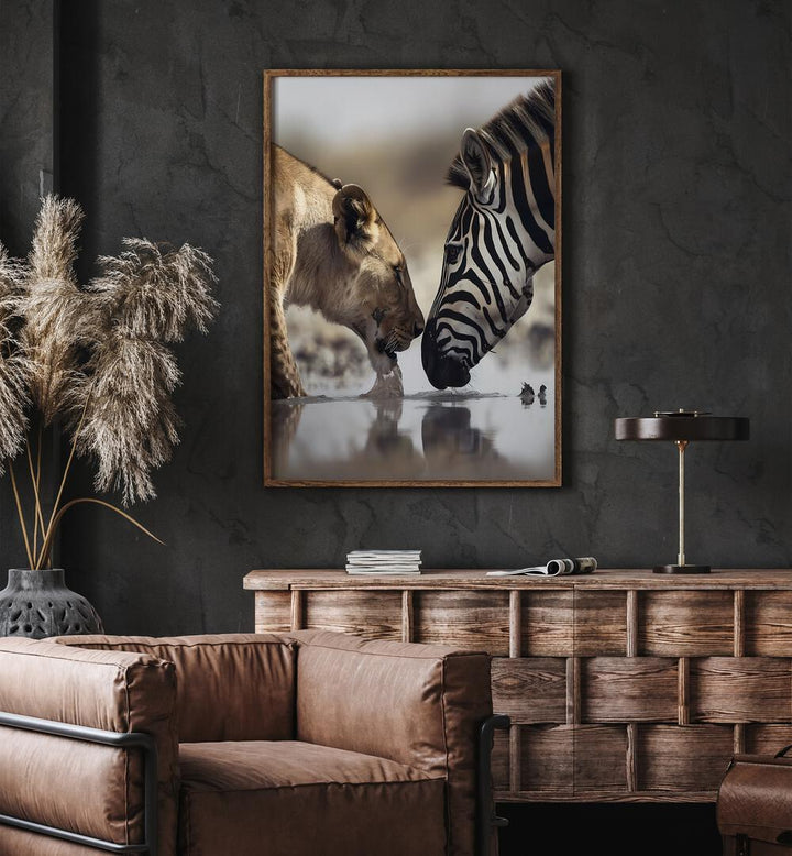 Leopard And Zebra Wildlife Posters in Oak Wood Plain Frame placed on a Dark Grey Colored Wall above a Console Table near a Brown  Sofa Chair in the Living Room