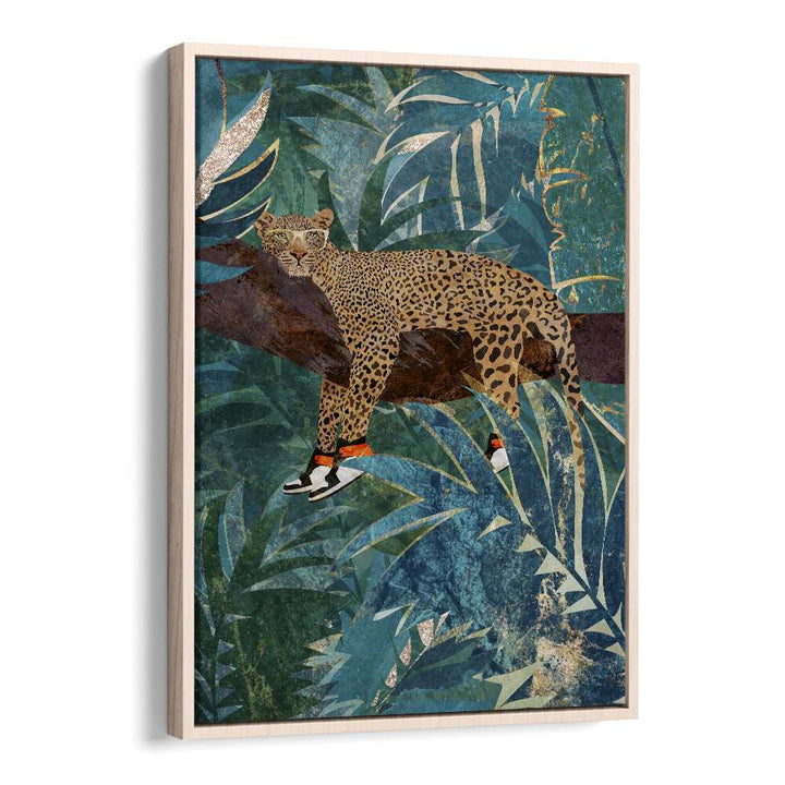 Leopard Wearing Sneakers By Sarah Manovski Wildlife Painting in Oak Wood Floater Frame