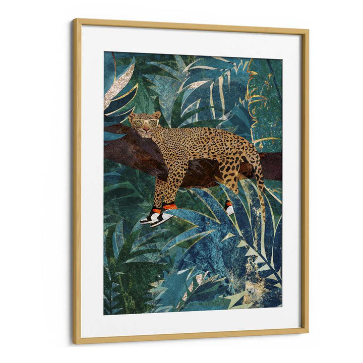 Leopard Wearing Sneakers By Sarah Manovski Wildlife Painting in Oak Wood Frame With Mount