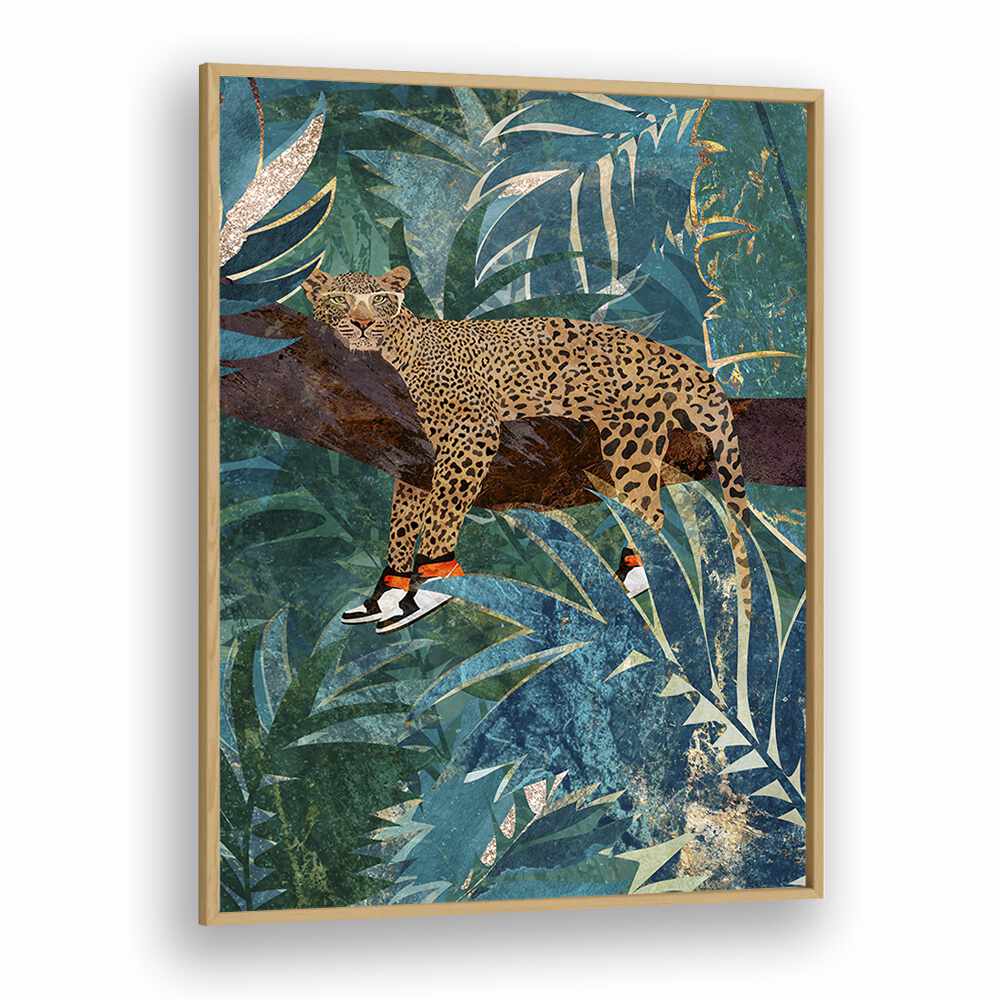 Leopard Wearing Sneakers By Sarah Manovski Wildlife Painting in Oak Wood Plain Frame