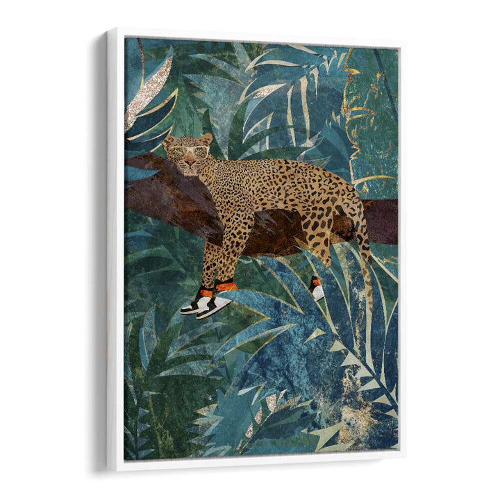 Leopard Wearing Sneakers By Sarah Manovski Wildlife Painting in White Floater Frame