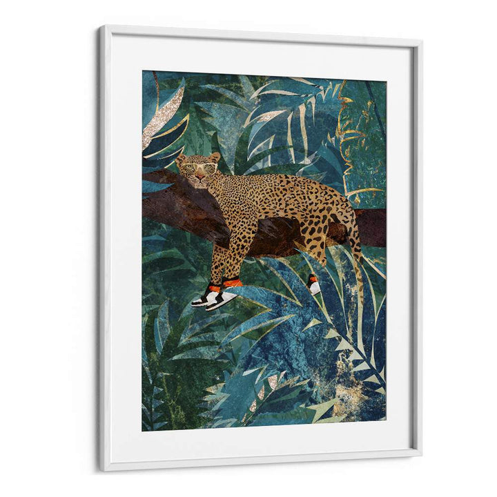 Leopard Wearing Sneakers By Sarah Manovski Wildlife Painting in White Frame With Mount