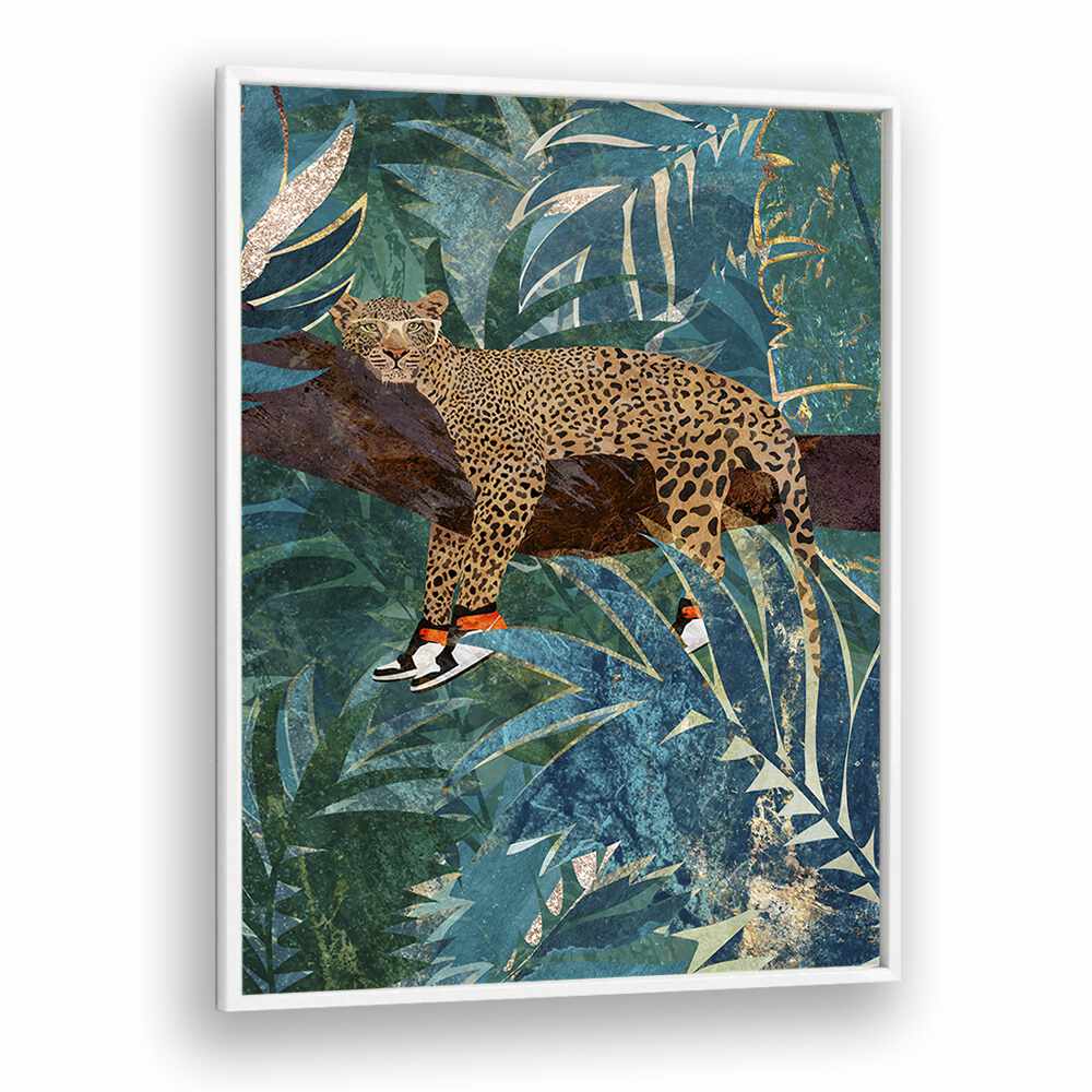 Leopard Wearing Sneakers By Sarah Manovski Wildlife Painting in White Plain Frame