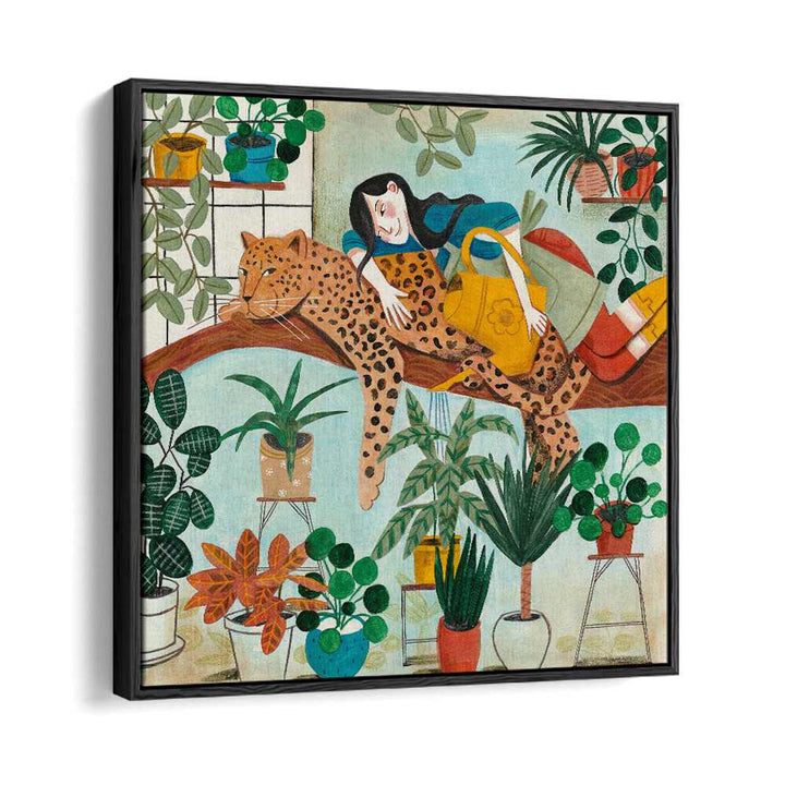 Leopard and Gardening By Caroline Bonne Muller Woman Illustration Paintings in Black Floater Frame