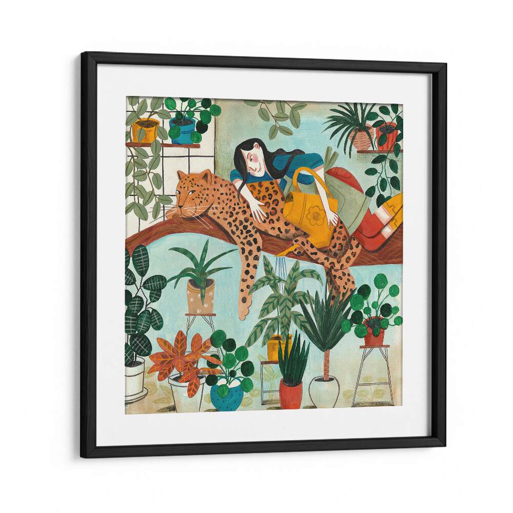 Leopard and Gardening By Caroline Bonne Muller Woman Illustration Paintings in Black Frame With Mount