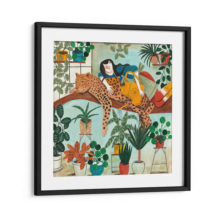 Leopard and Gardening By Caroline Bonne Muller Woman Illustration Paintings in Black Frame With Mount